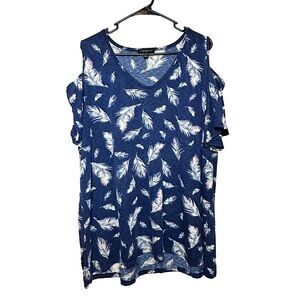 LANE BRYANT Dark Blue Cold Shoulder Feather Print Blouse